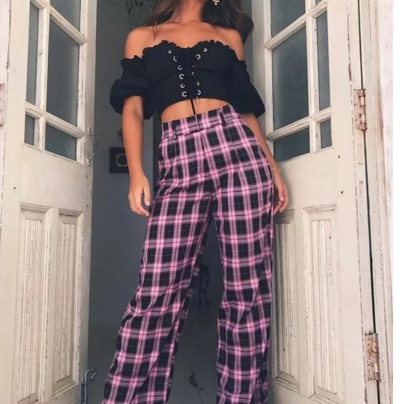 I.AM.GIA Aria pink black plaid cuffed straight leg pants no chain medium - Picture 4 of 15
